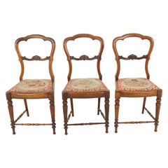 Antique Set of 3 Victorian Carved Walnut Bedroom Side Chairs, Scotland, 1880