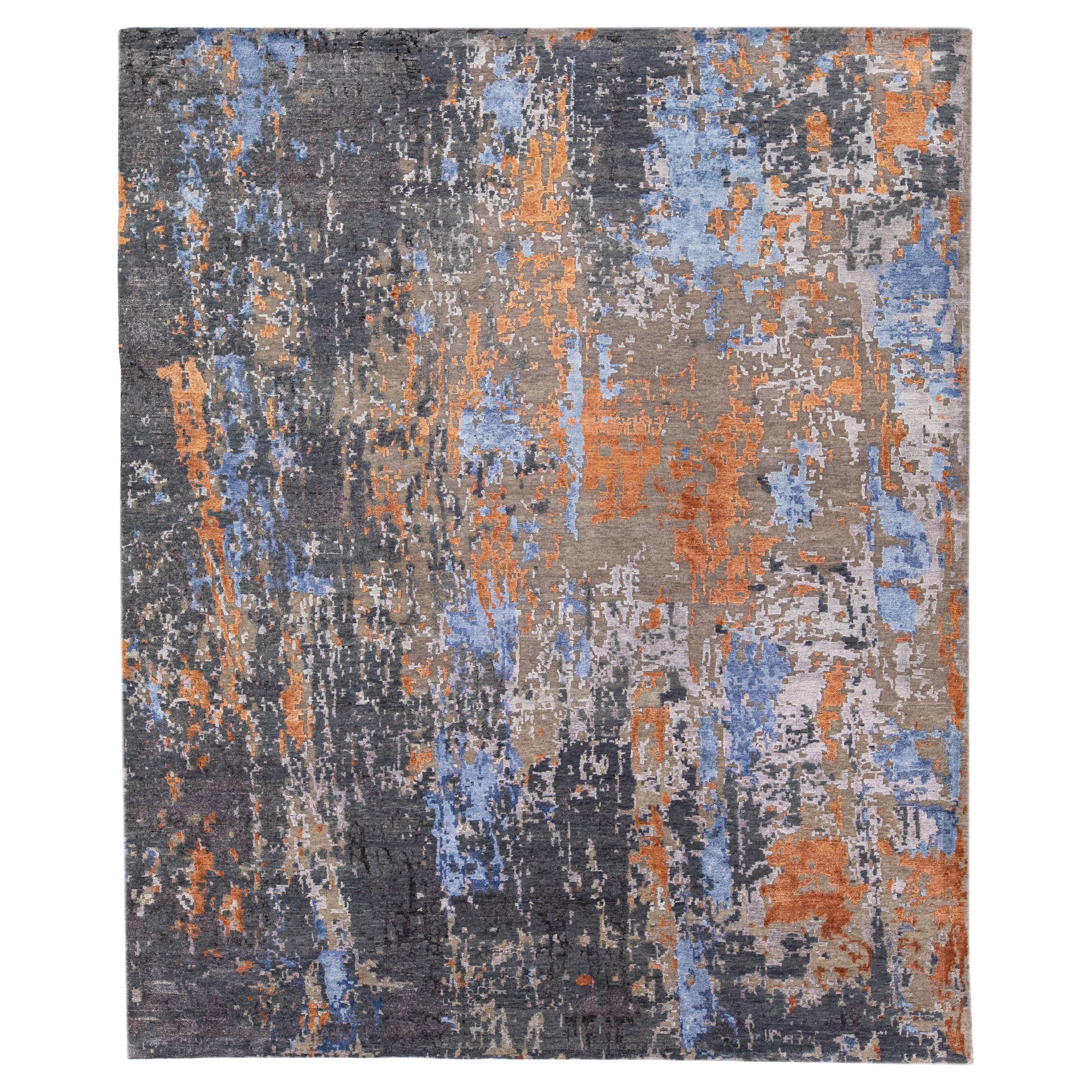 Tapis moderne abstrait en laine et soie fait à la main en gris et orange