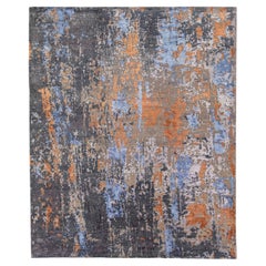 Tapis moderne abstrait en laine et soie fait à la main en gris et orange