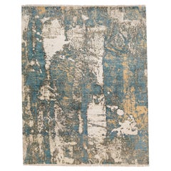 Beige & Blue Contemporary Tibetan Wool & Silk Rug With Abstract Motif