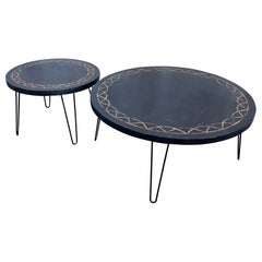 Pair of Mid Century Round Coffee Tables, Black with Gold Mosaic Inlay