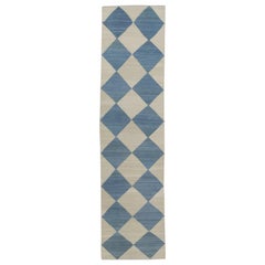 Blue Geometric Checkered Design Flatweave Handmade Wool Runner 2'10" X 11'11"
