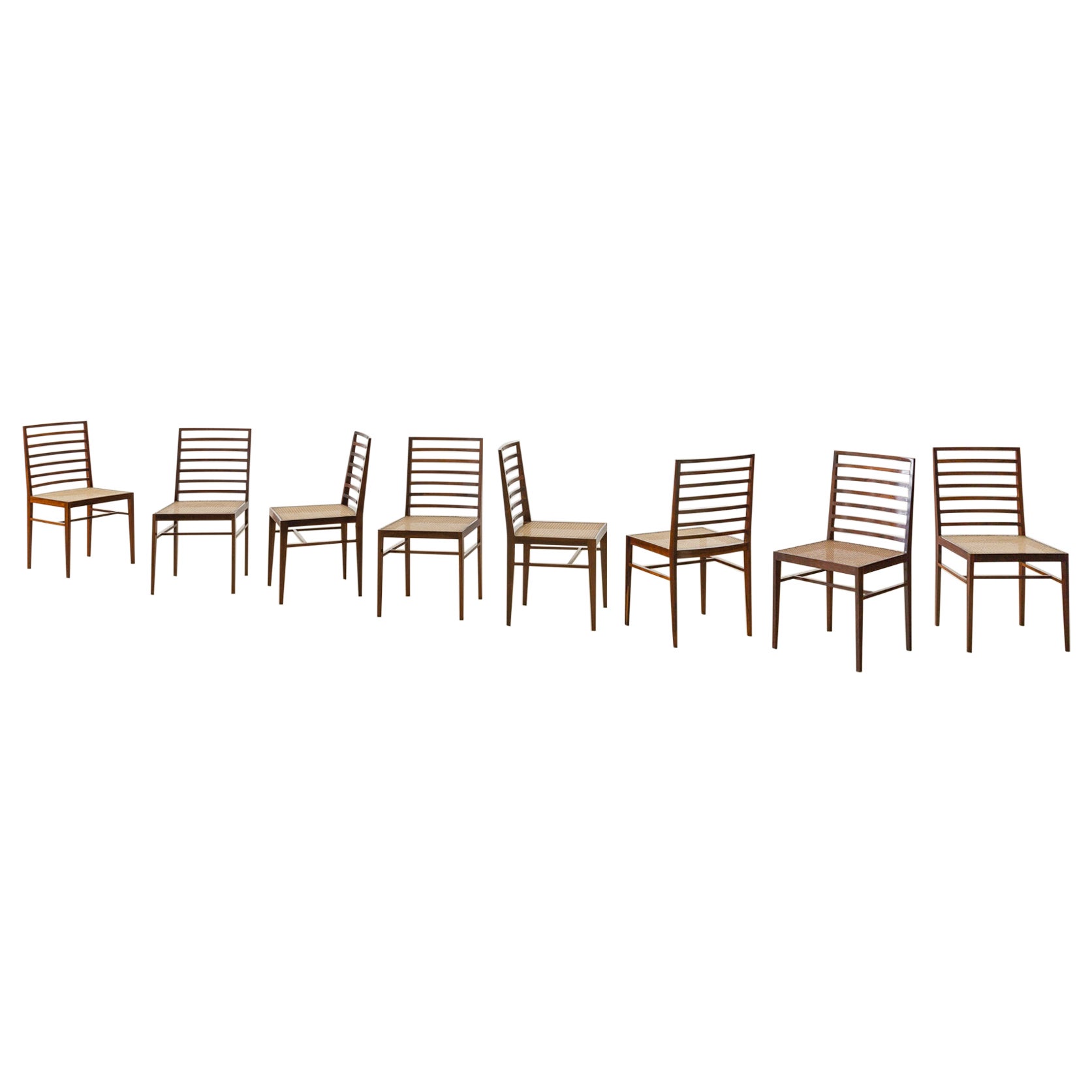 Set of Eight Dining Chairs by Joaquim Tenreiro, Rosewood and Cane, 1950s, Brazil For Sale