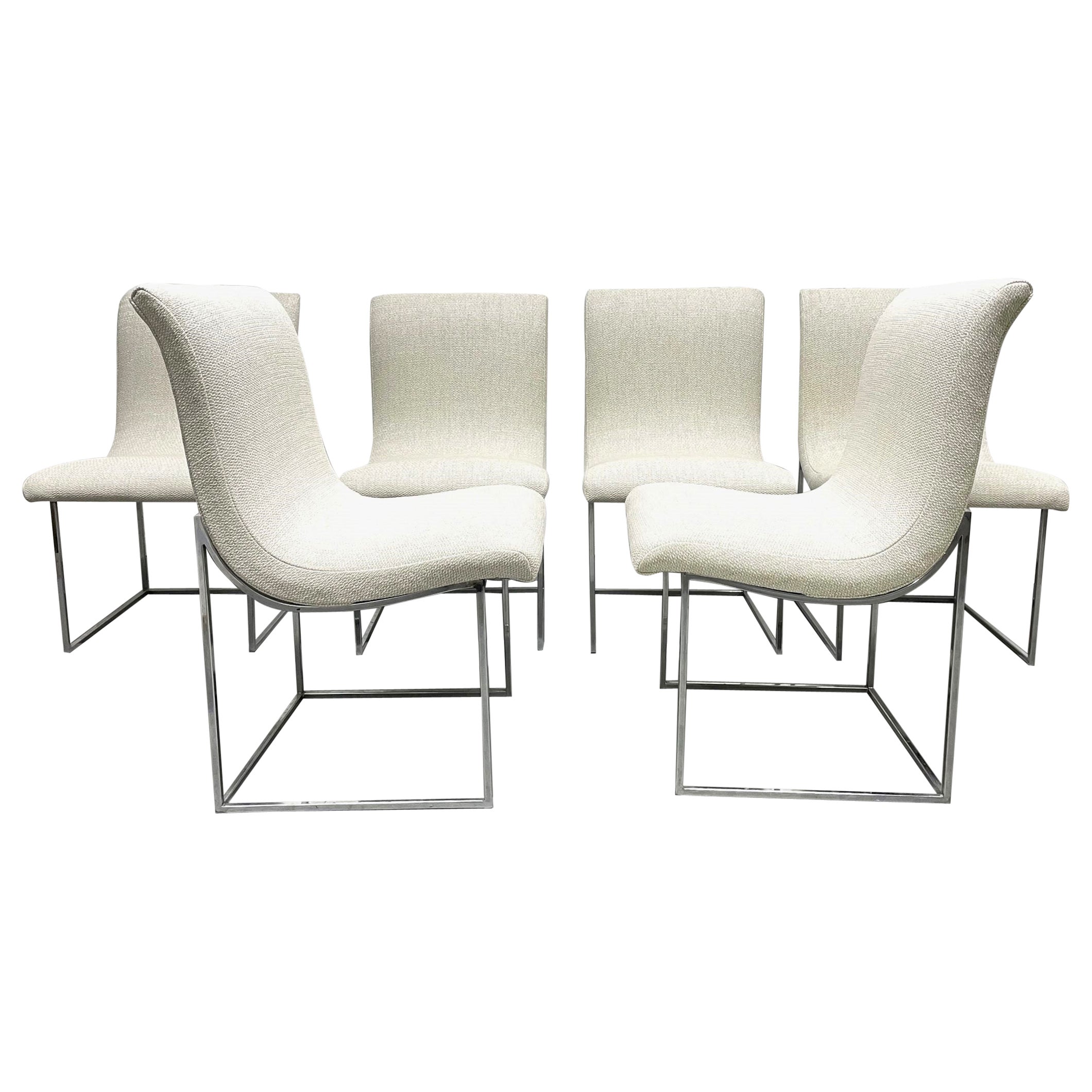 Set of Six Milo Baughman Scoop Upholstered and Chrome Dining Chairs For Sale