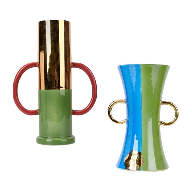 Set of 2 Green Porcelain Vases by WL Ceramics