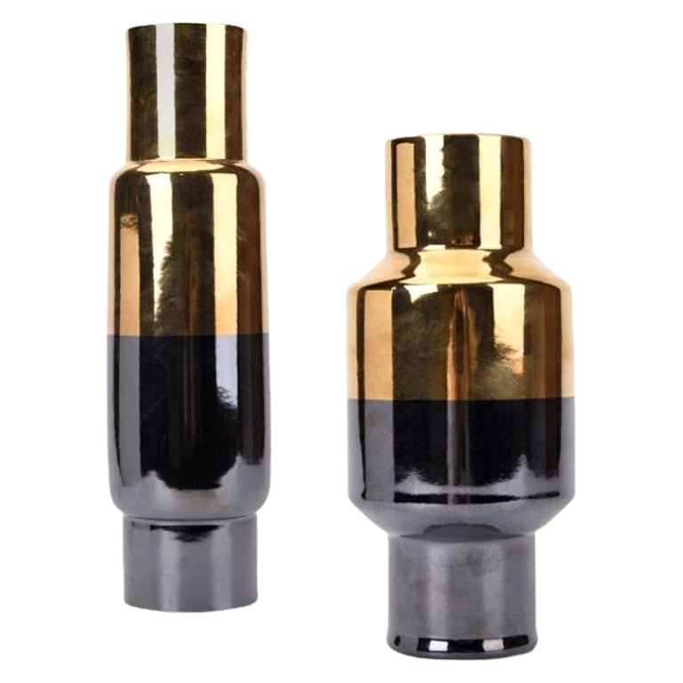 Set of 2 Gold and Black Short and Tall Vases by WL Ceramics