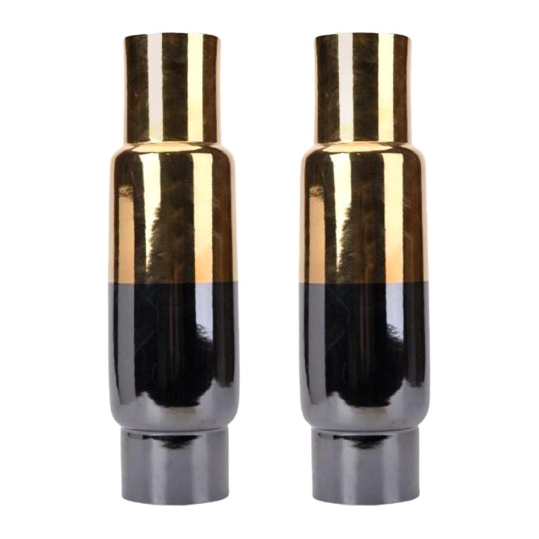 Set of 2 Gold and Black Tall Vases by Wl Ceramics For Sale