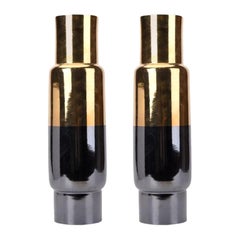 Set of 2 Gold and Black Tall Vases by Wl Ceramics