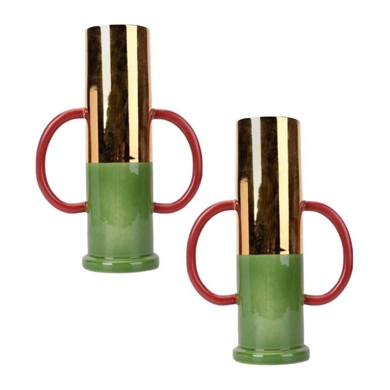 Set of 2 Green and Cherry Vases by WL Ceramics For Sale