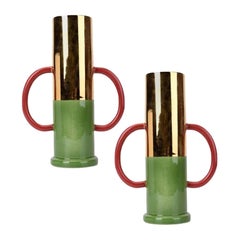 Set of 2 Green and Cherry Vases by WL Ceramics