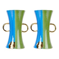 Set of 2 Green and Blue Vases by WL Ceramics