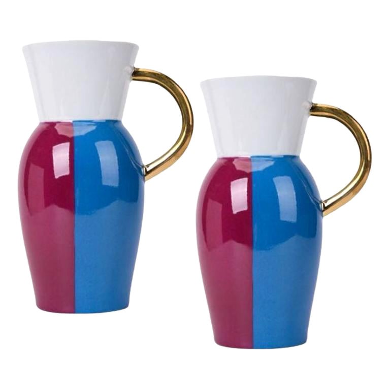 Set of 2 Cherry and Blue Vases by WL Ceramics For Sale