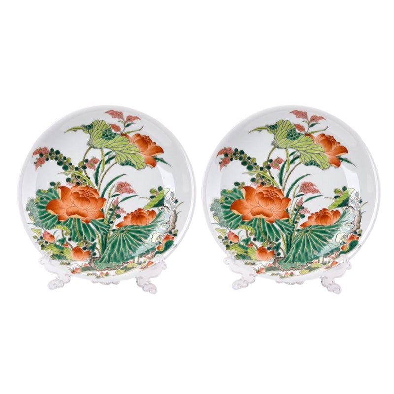 Set of 2 Orange and Green Floral Plates by WL Ceramics For Sale