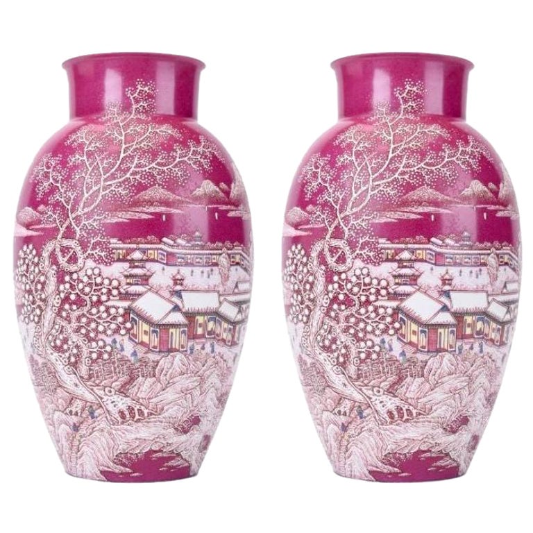 Ensemble de 2 vases Agate Red Snow Scene par WL Ceramics