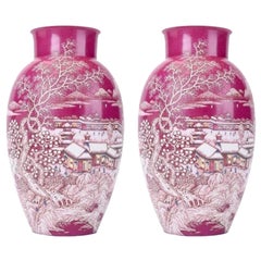 Set of 2 Agate Red Snow Scene Vases by WL Ceramics