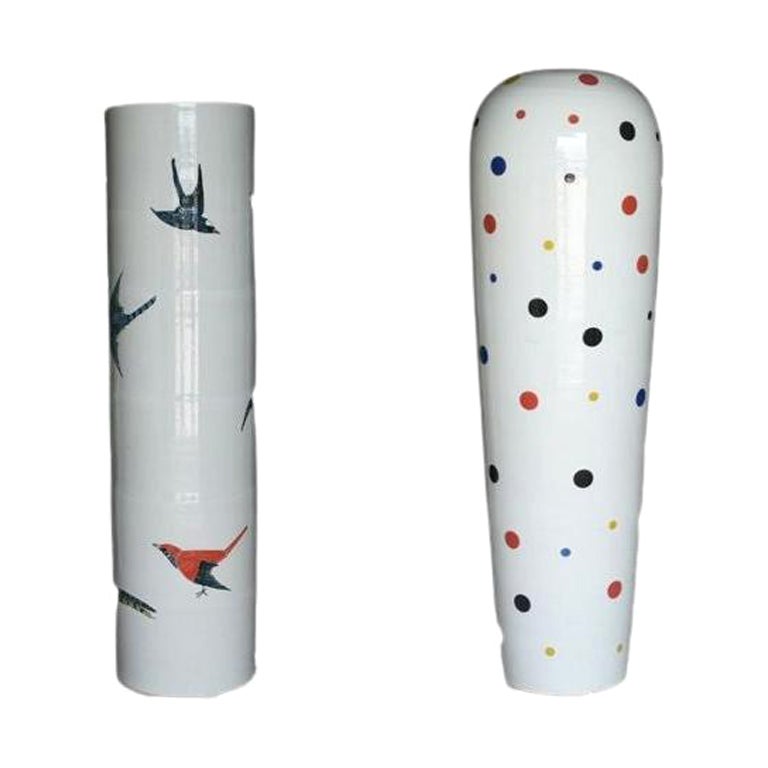 Set of 2 Giant Dots and Birds Vases by WL Ceramics For Sale