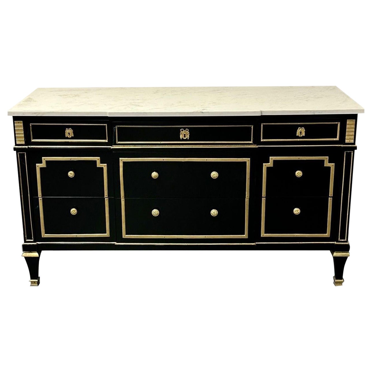 Hollywood Regency Jansen Style Ebony Commode / Chest, Marble Top, Bronze Mounted