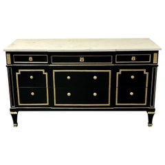 Hollywood Regency Jansen Style Ebony Commode / Chest, Marble Top, Bronze Mounted