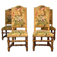 Four Jacobean Style Side / Dining Chairs, Needlepoint Fabric, Fruitwood