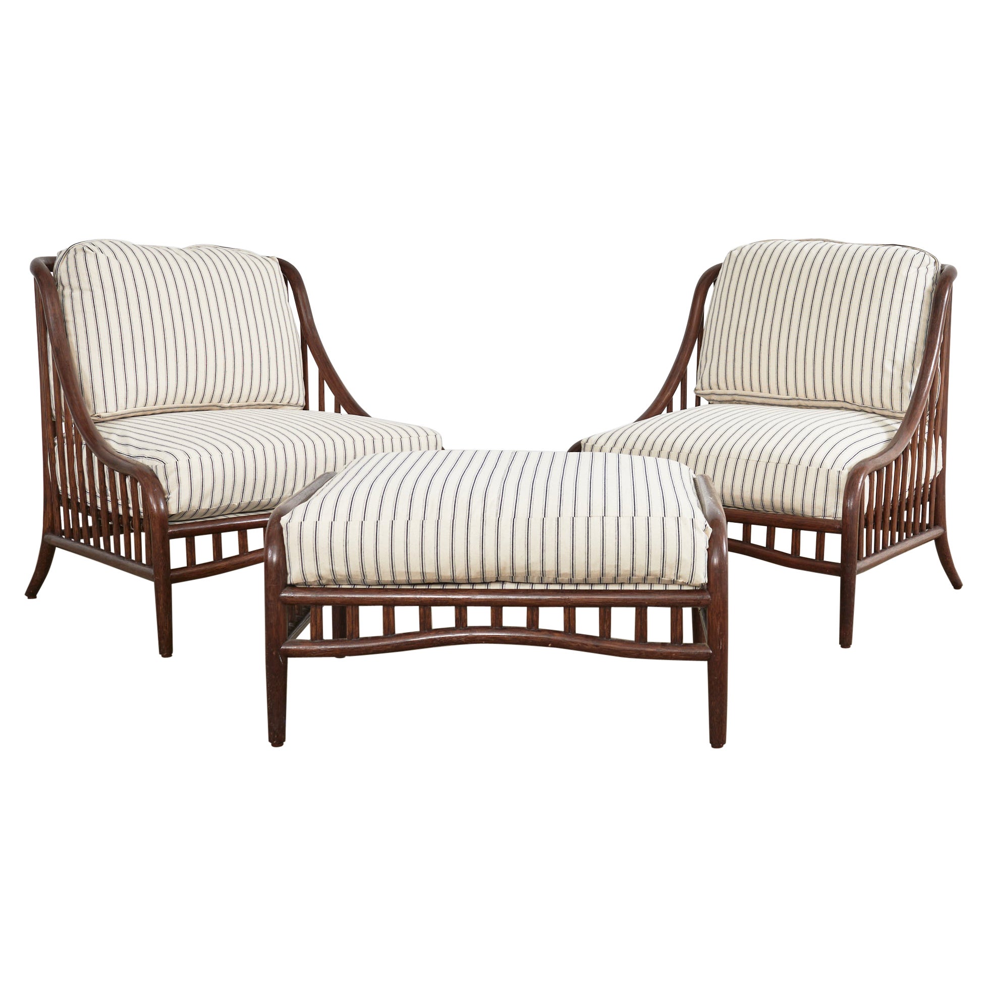 Pair of McGuire Pole Rattan Lounge Chairs with Ottoman