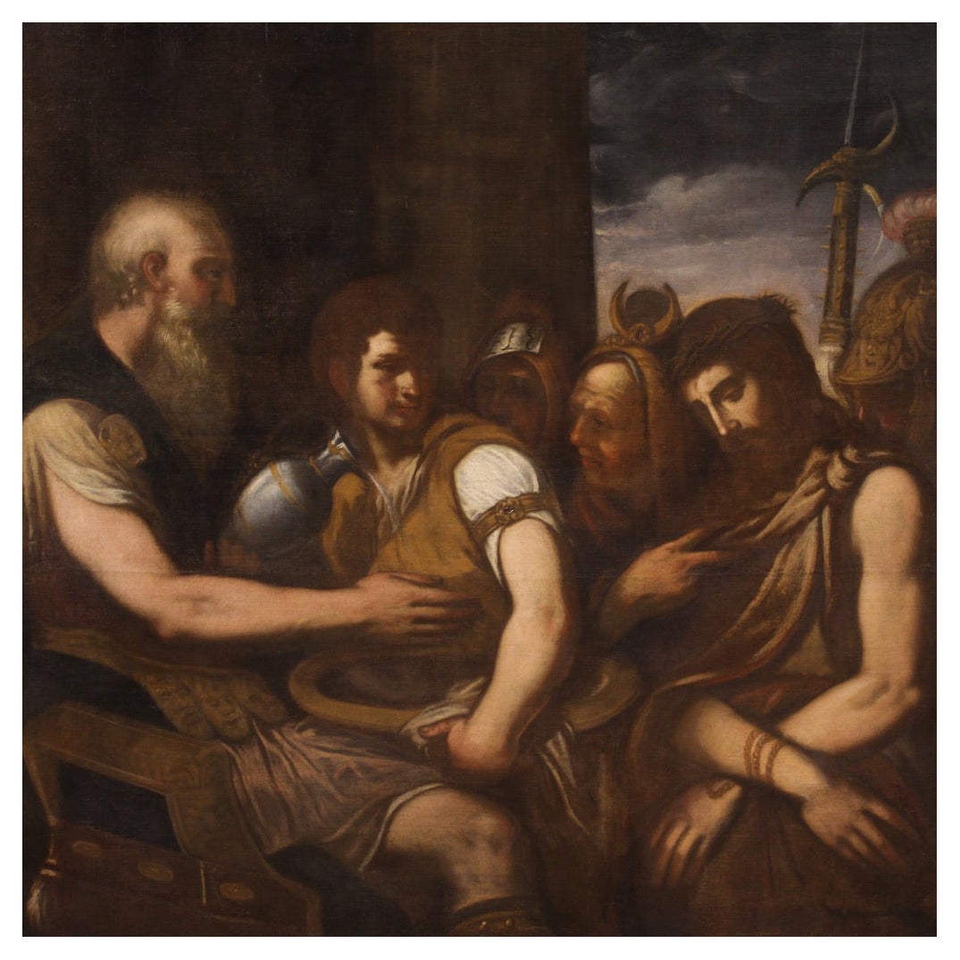 17th Century Oil on Canvas Italian Religious Painting Christ before Pilate, 1640