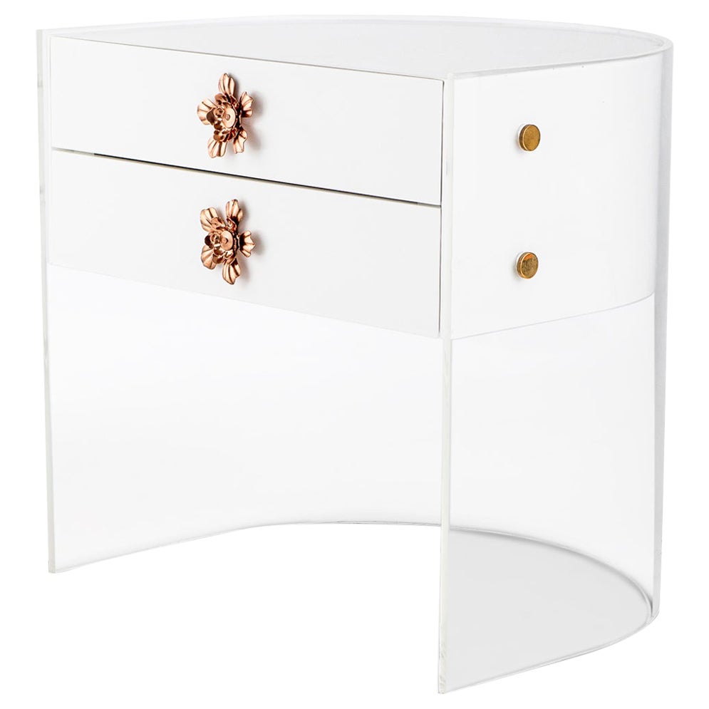 Lucite Acrylic, White Chinese Lacquer & Copper Bedside Pedestal by Egg Designs For Sale