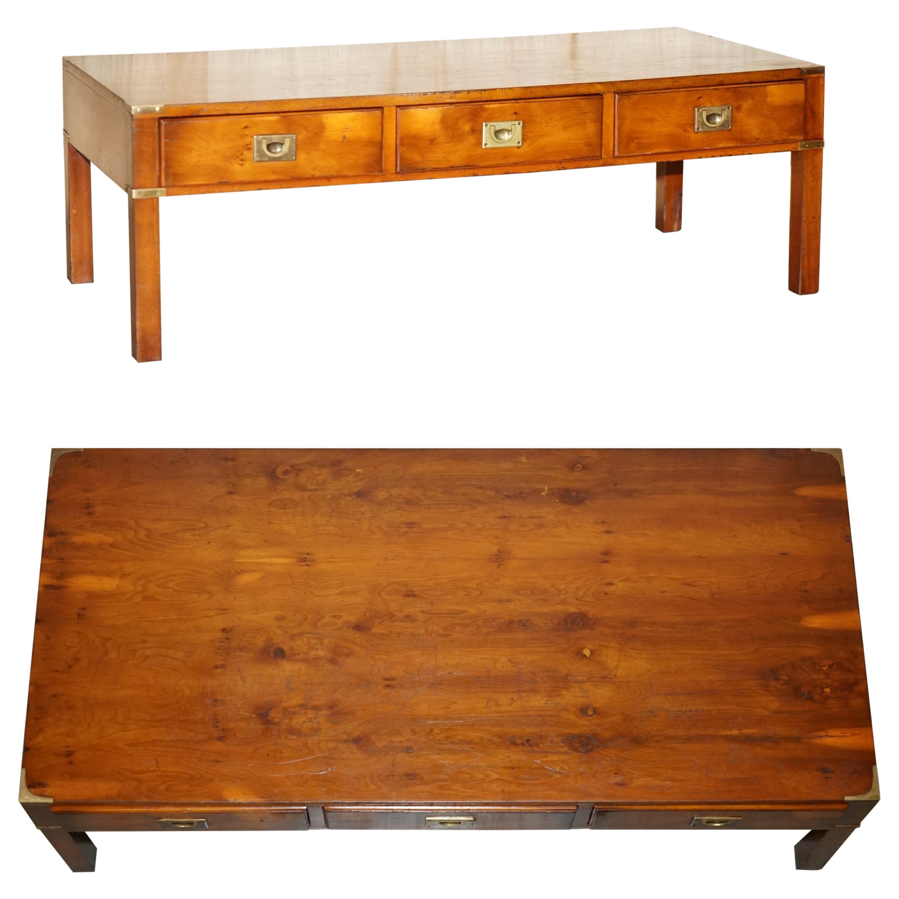 Fully Restored Burr & Burl Yew Brass Military Campaign 3 Drawer Coffee Table