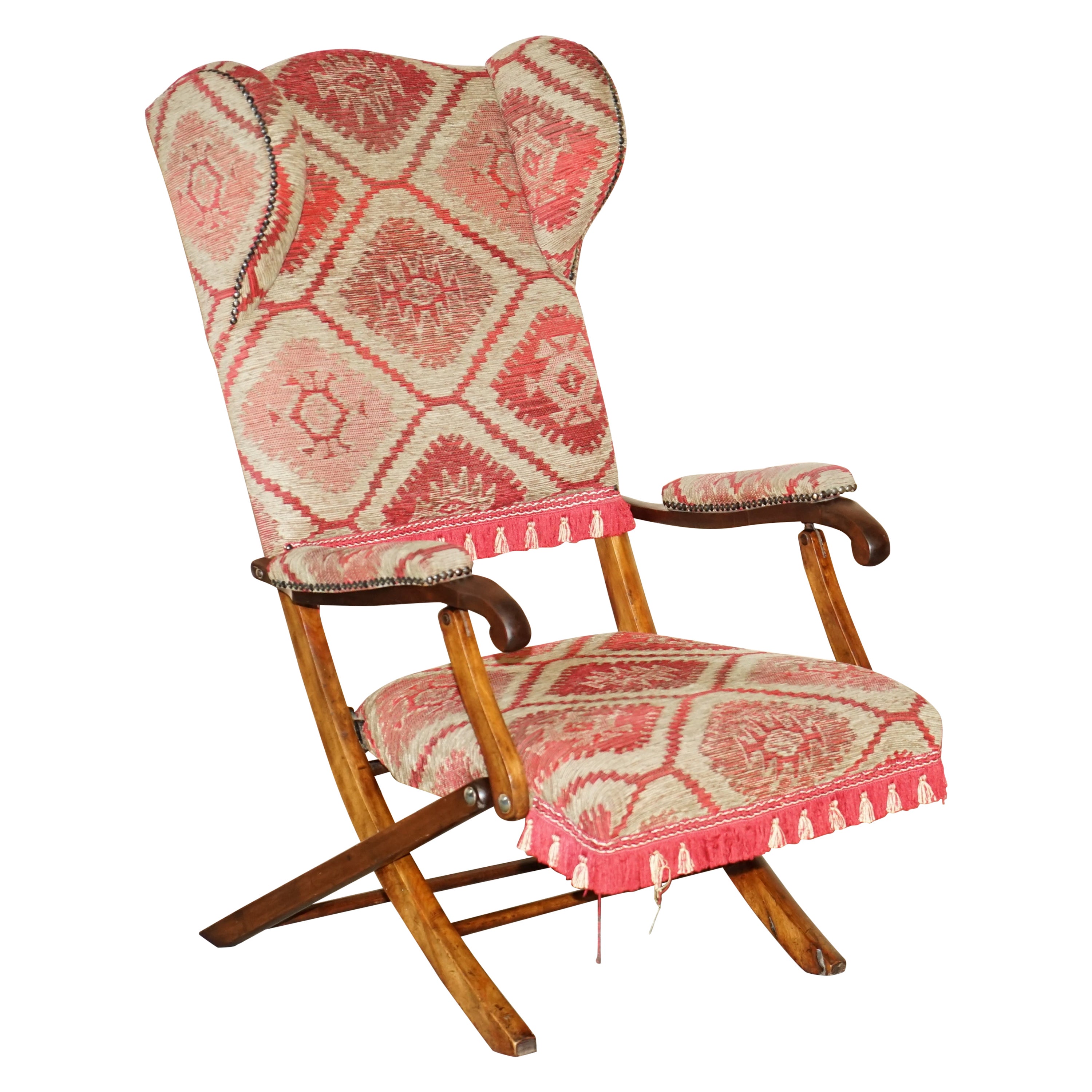 Stunning Antique Victorian Military Campaign Kilim Upholstered Folding Armchair For Sale