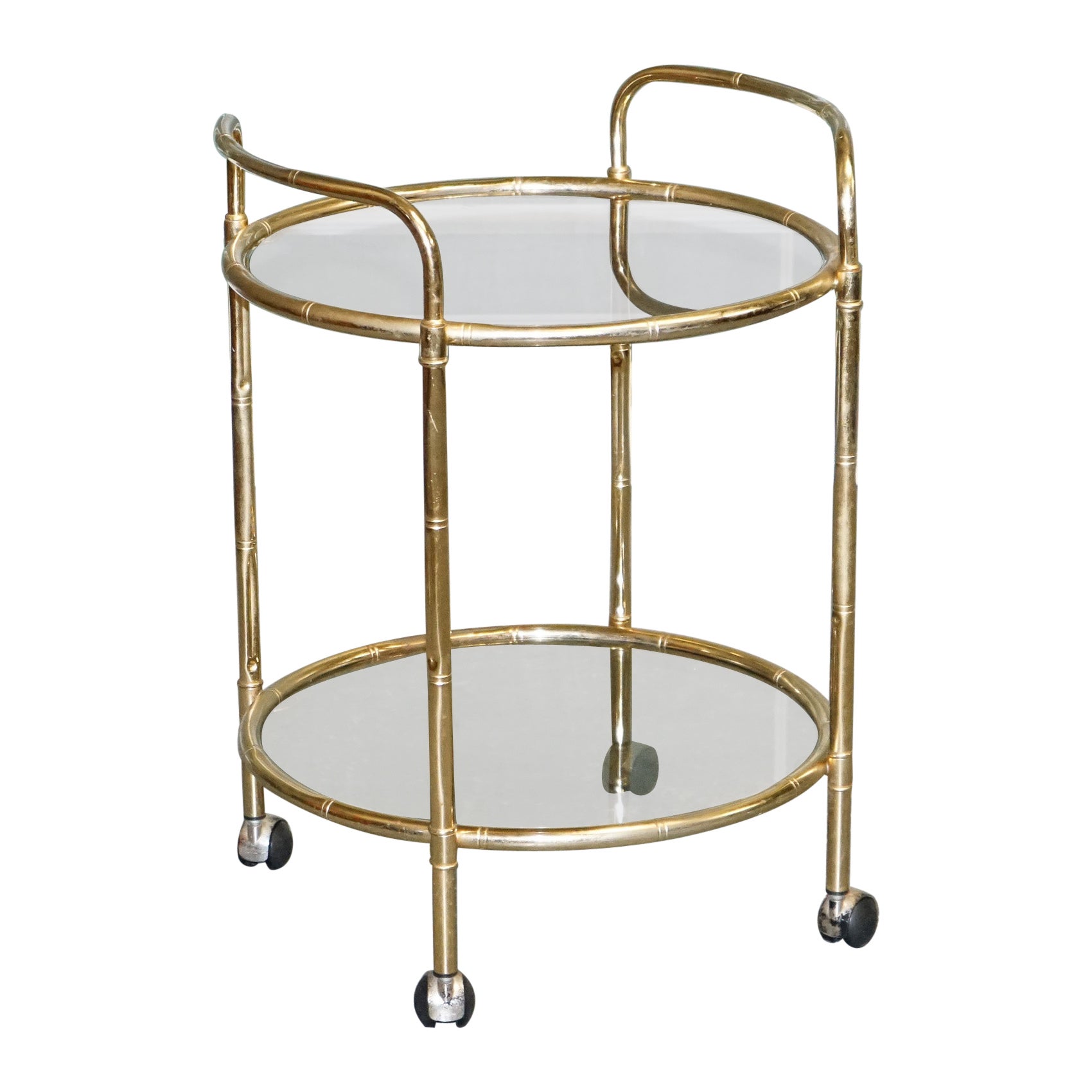 1950er Jahre HOLLYWOOD REGENCY ITALiAN FAUX BAMBOO BRASS & SMOKED GLASS BAR TROLLEY