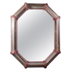 Delicious Midcentury Octagonal Venetian Pink Murano Glass Mirror