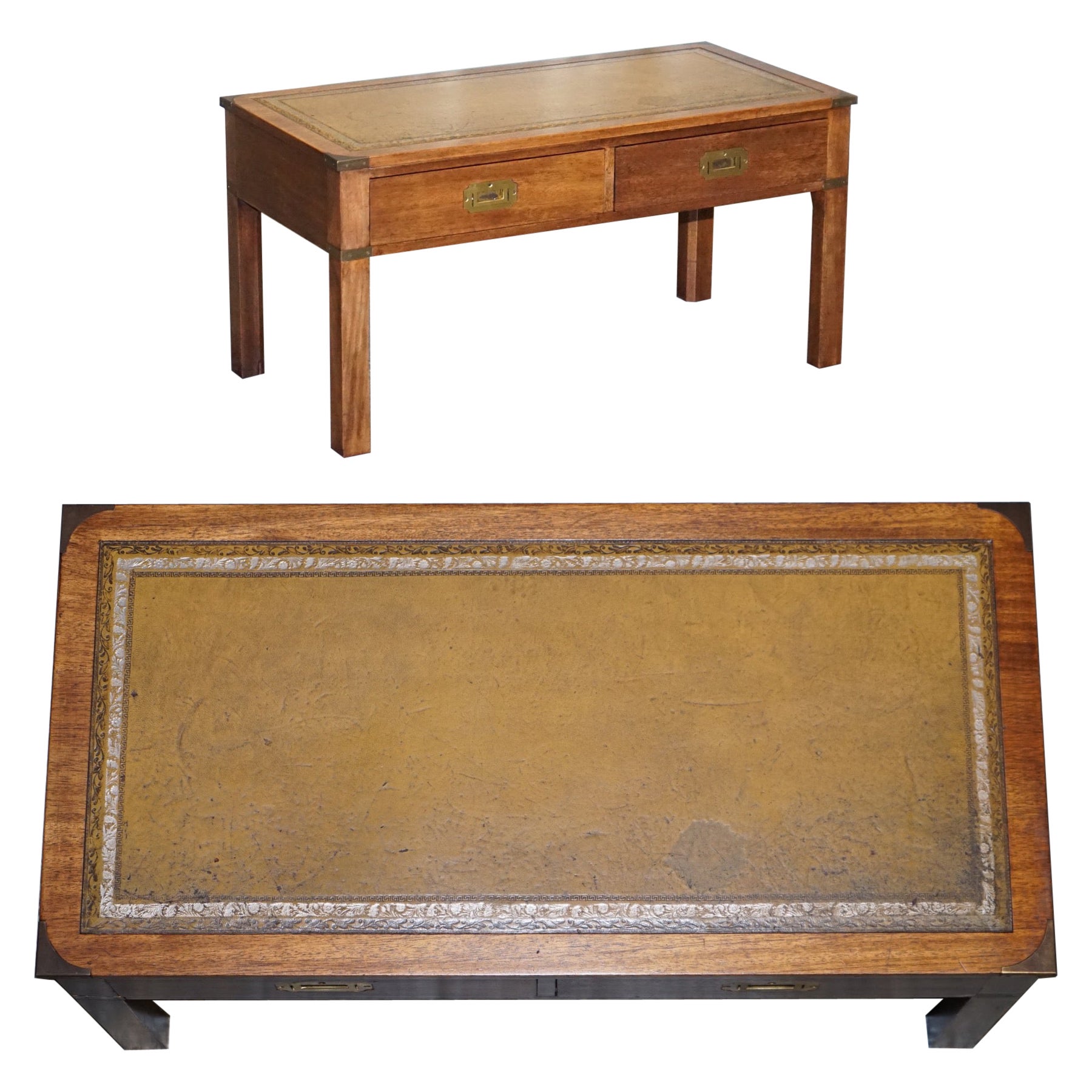 Harrods London Kennedy Military Campaign Coffee Table with Brown Leather Top For Sale