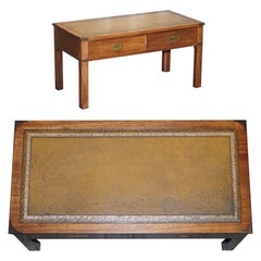 Used Harrods London Kennedy Military Campaign Coffee Table with Brown Leather Top