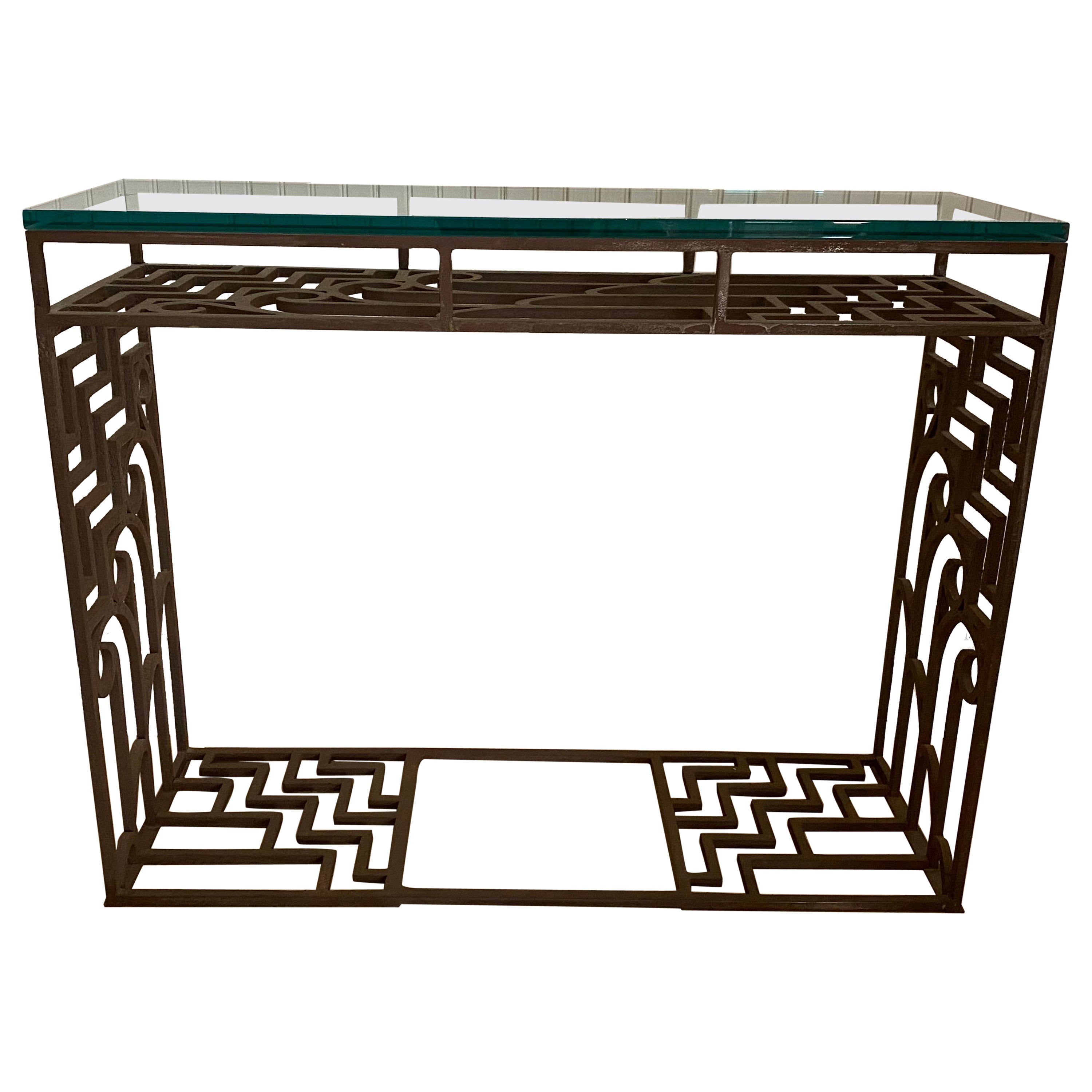 Art Deco Style Iron & Glass Console Table For Sale