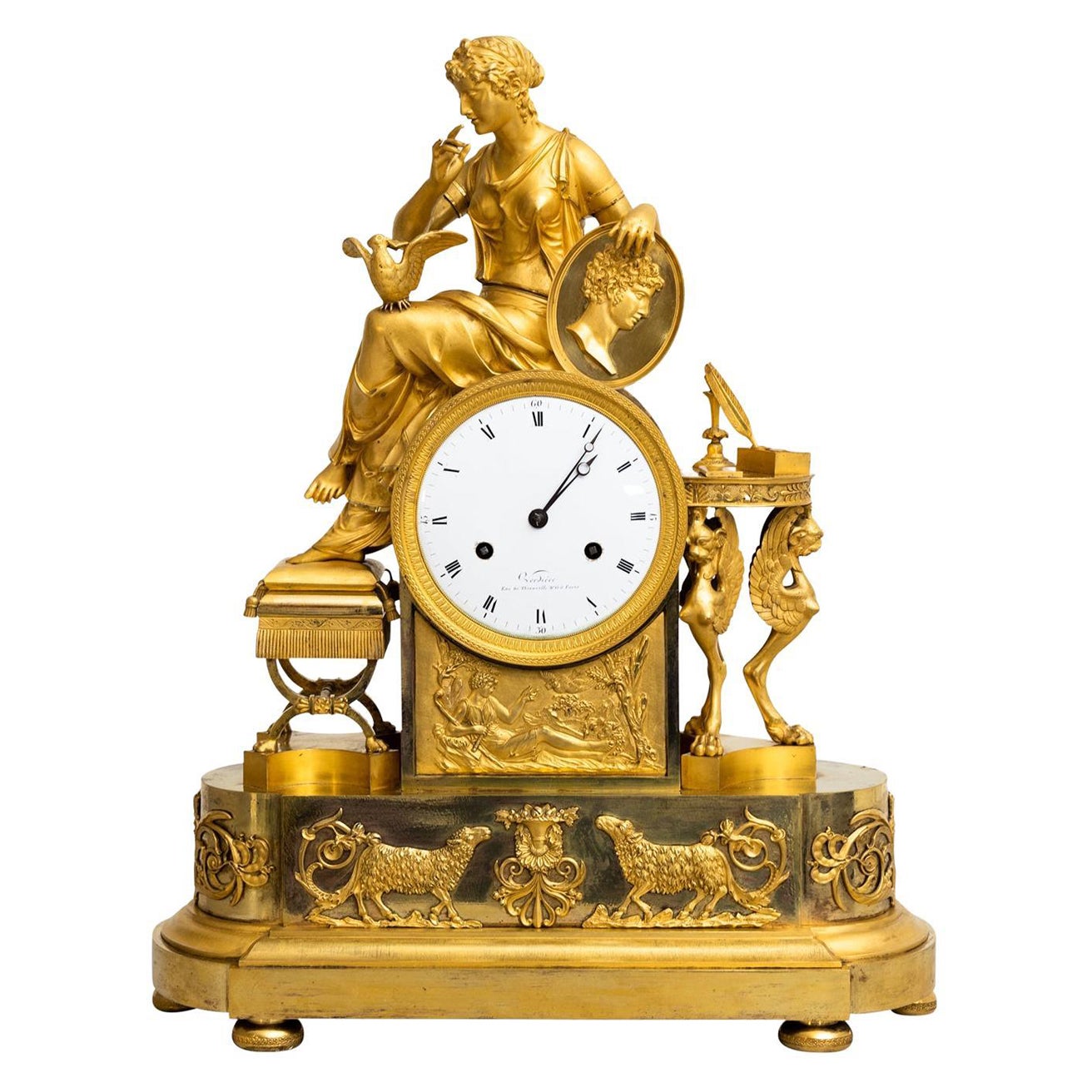 19th Century Gold French Empire Gilded Bronze Table Clock, Antique Pendule