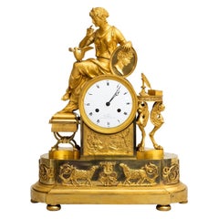 19th Century Gold French Empire Gilded Bronze Table Clock, Antique Pendule