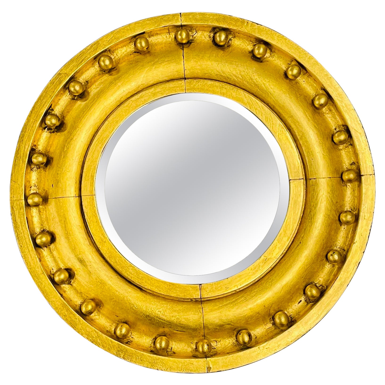 Runder Spiegel im Federal-Stil, Wandspiegel, vergoldetes Holz/Pfeiler/Schminktisch im Angebot