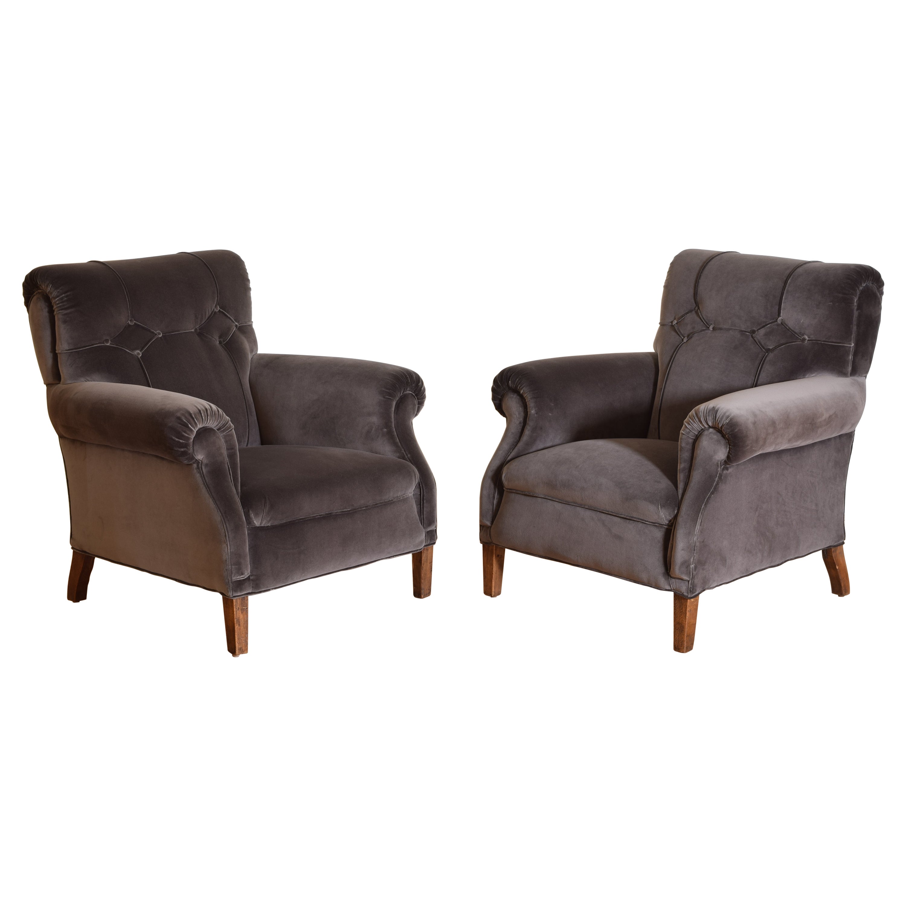 Pair Italian Poltrona Frau Velvet Upholstered Club Chairs, 2ndq 20th Century For Sale