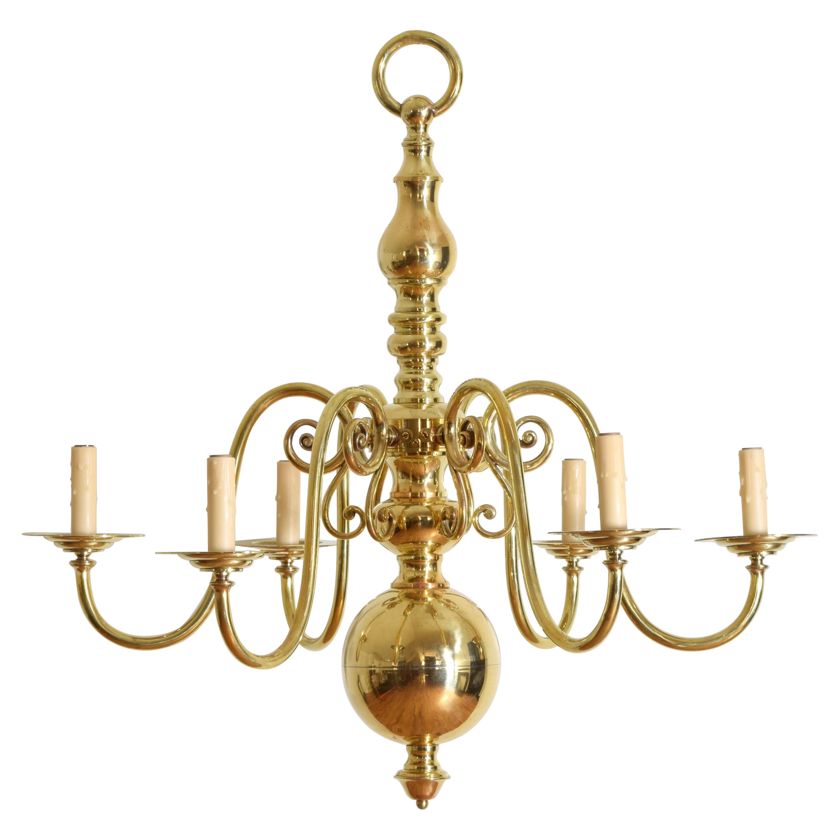 French Brass 6-Arm Chandelier in the Dutch Style, 1st Half 20th Century For Sale