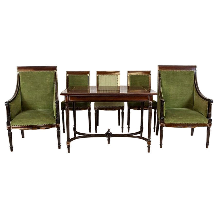 English Walnut Living Room Set From the Mid-20th Century in Green Upholstery