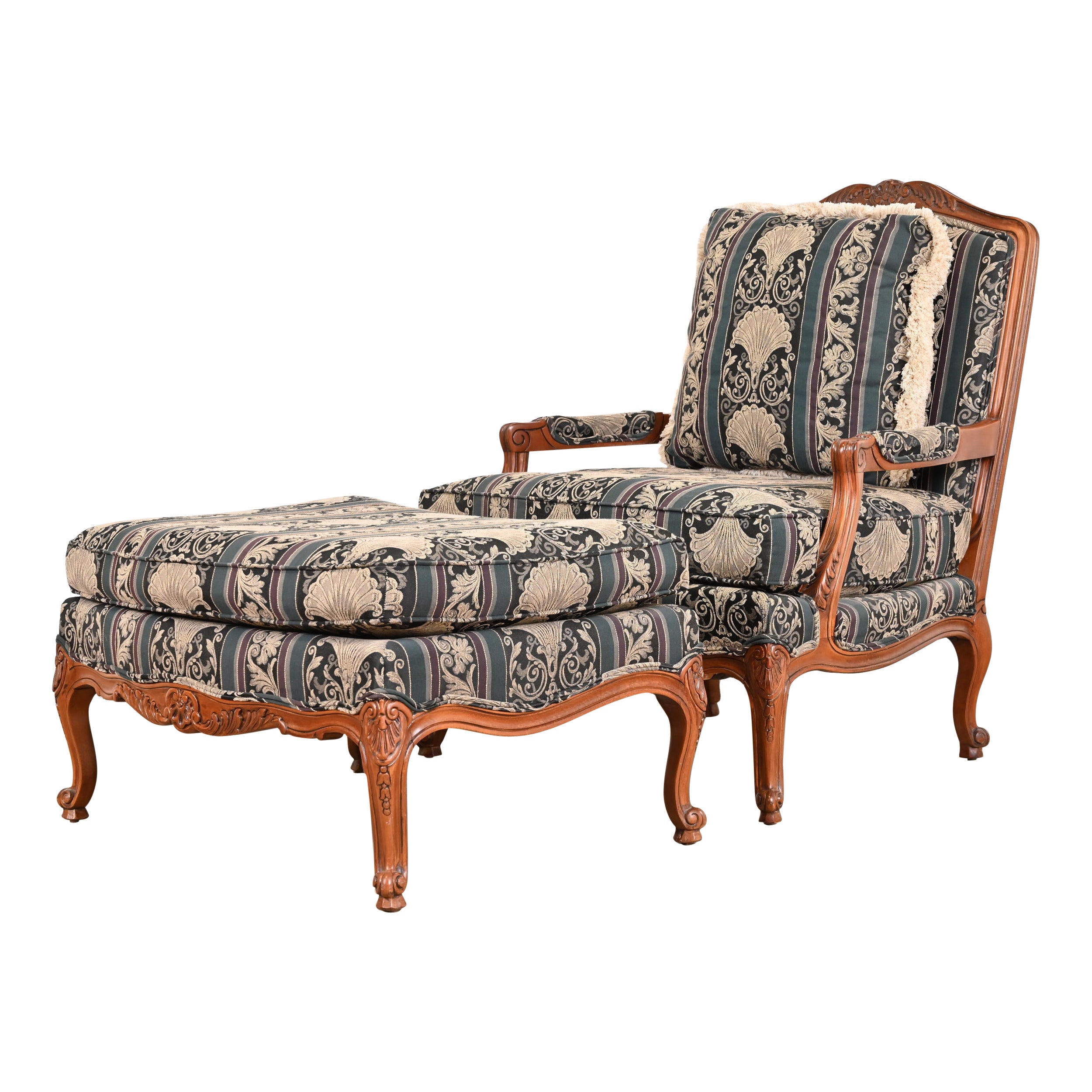 Thomasville Louis XV Carved Walnut Upholstered Fauteuil and Ottoman For Sale