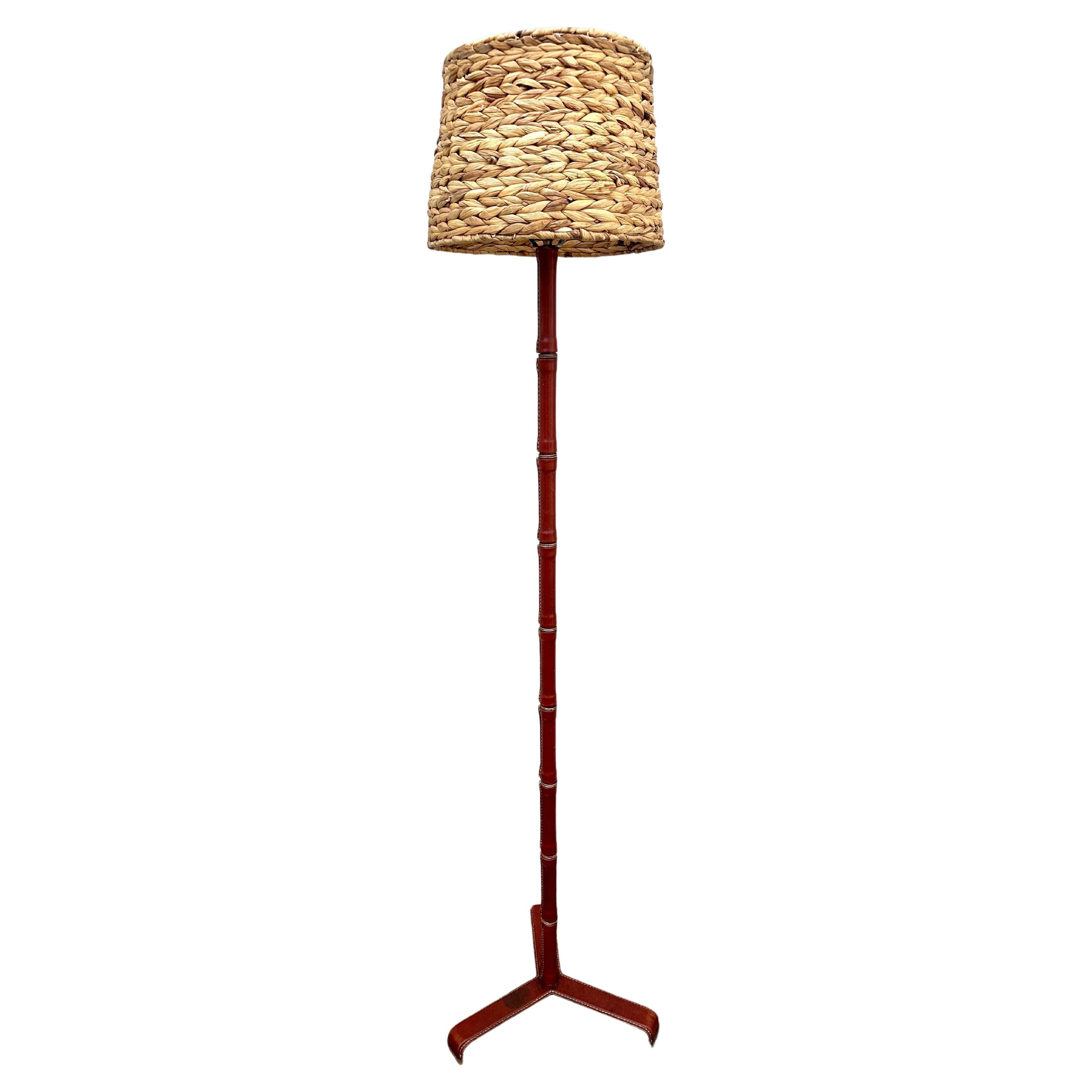 Jacques Adnet Style Stitched Leather Floor Lamp For Sale