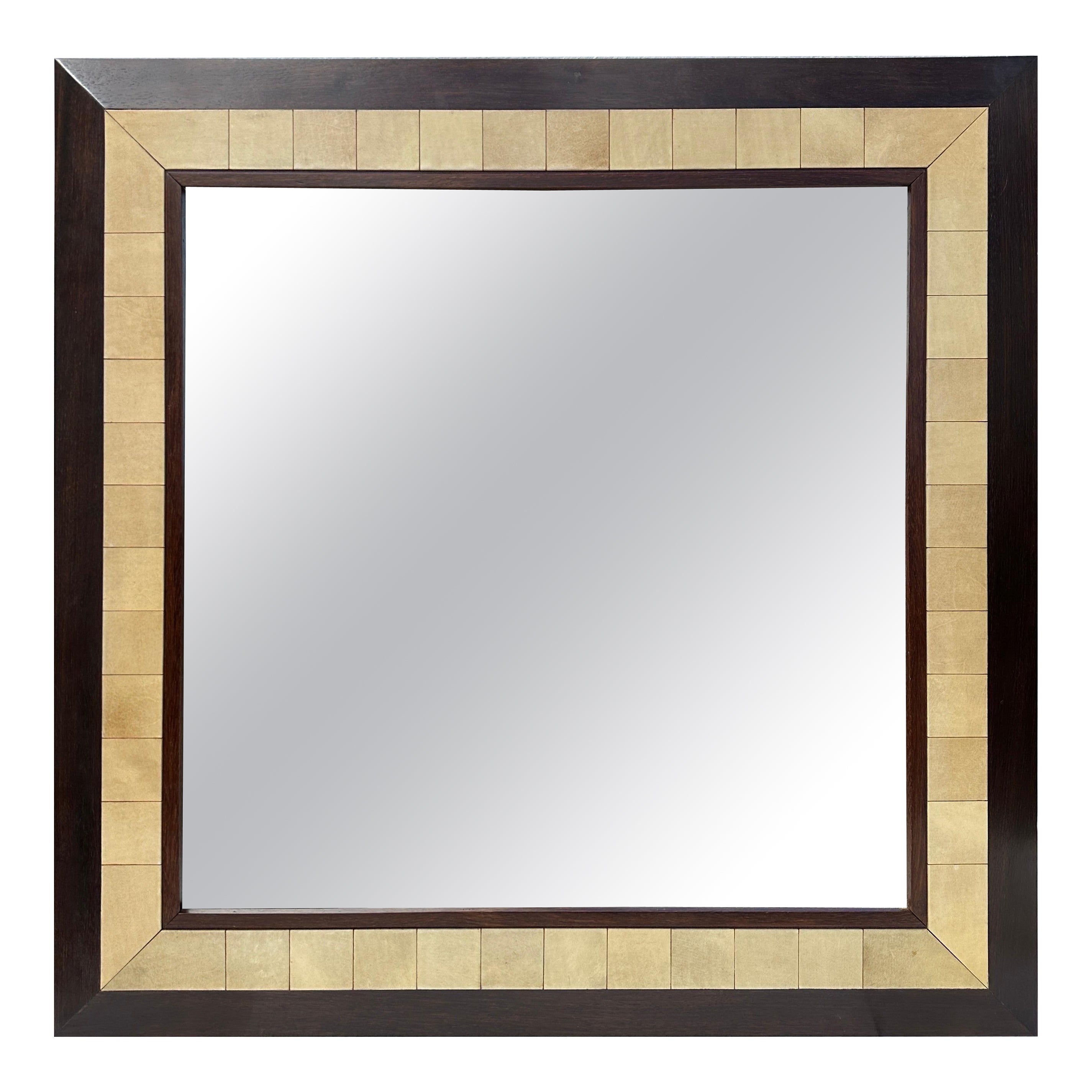 Large Square Parchment and Exotic Wood Framed Mirror by Ron Seff