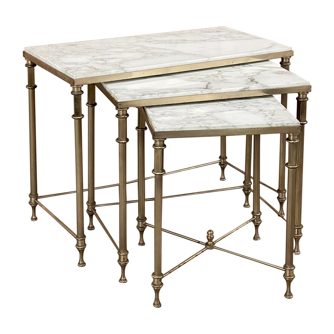 Midcentury French Neoclassical Brass Nesting Tables with Marble Tops For Sale
