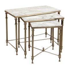 Vintage Midcentury French Neoclassical Brass Nesting Tables with Marble Tops