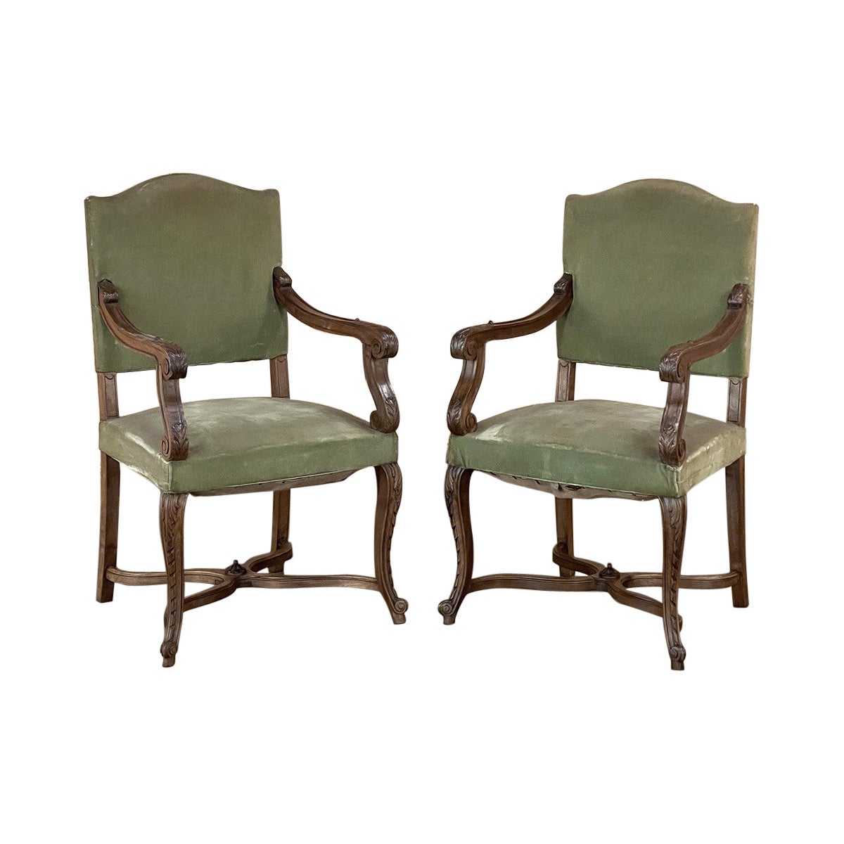 Pair 19th Century French Louis XV Walnut Armchairs ~ Fauteuils For Sale