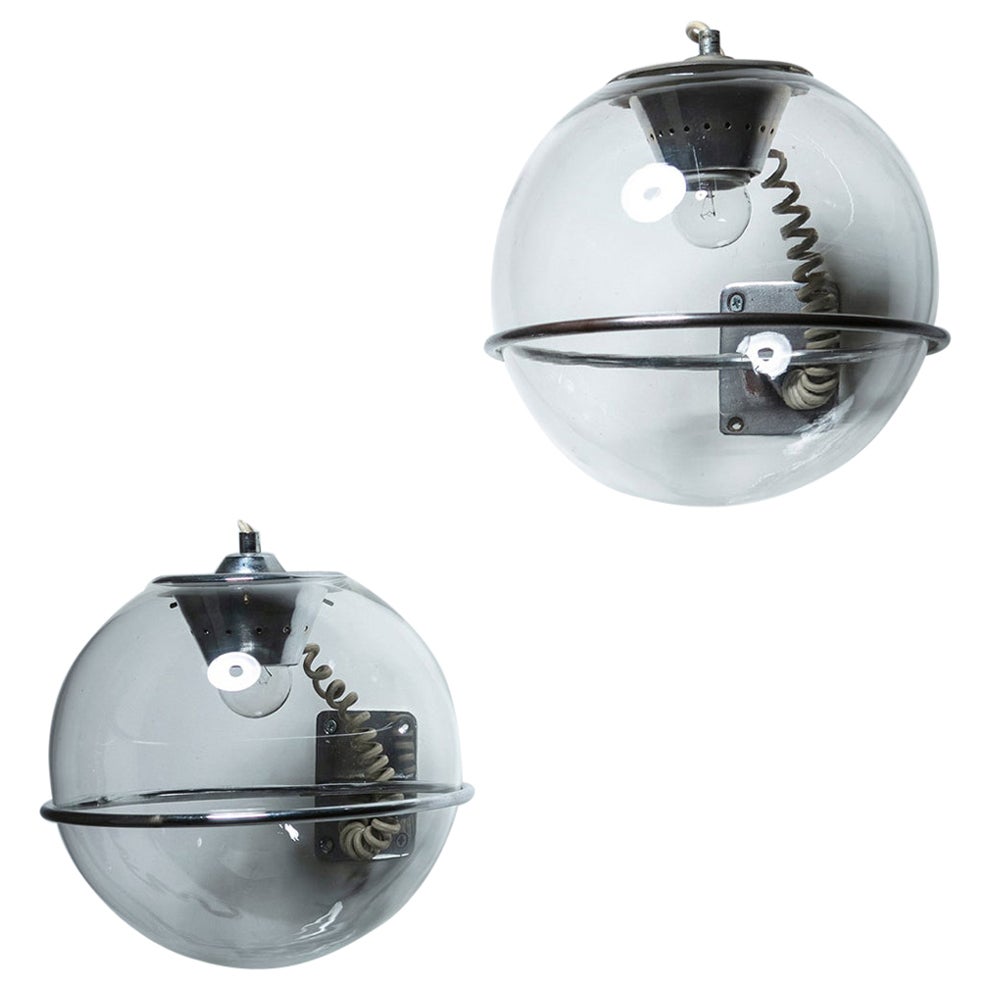 Two Spherical Murano Glass and Chrome Sconces by Aldo Cosmacini, Italy, 1960s