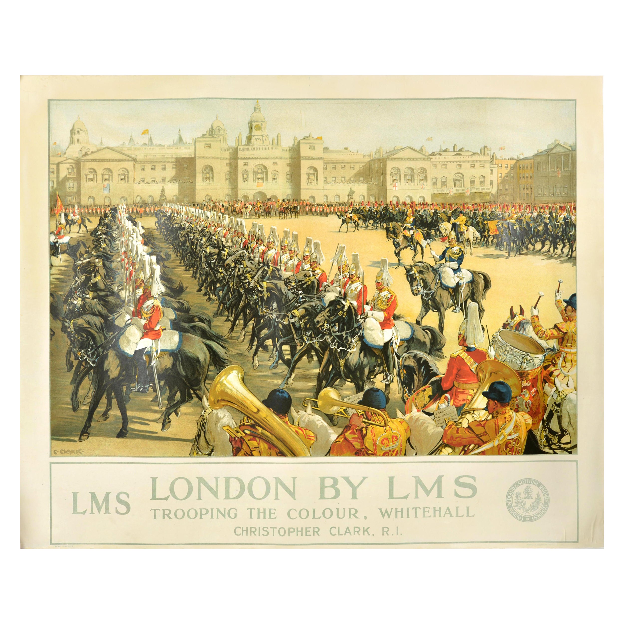 Original Vintage Poster LMS London Midland Scottish Railway Trooping The Colour For Sale