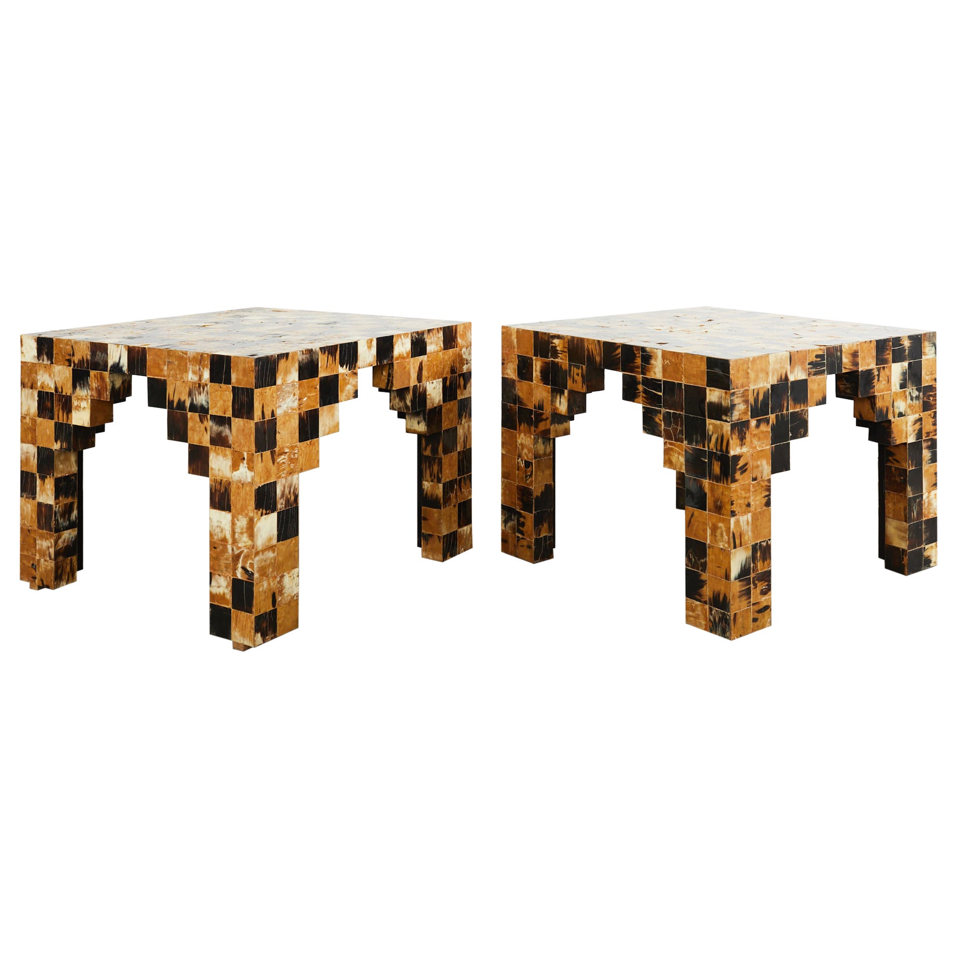 Pair of Tessellated Horn Block Tables Designed by Thomas Britt For Sale