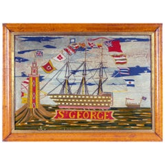 Antique British Sailor's Naive Woolwork of Royal Navy Ship H.M.S. St George