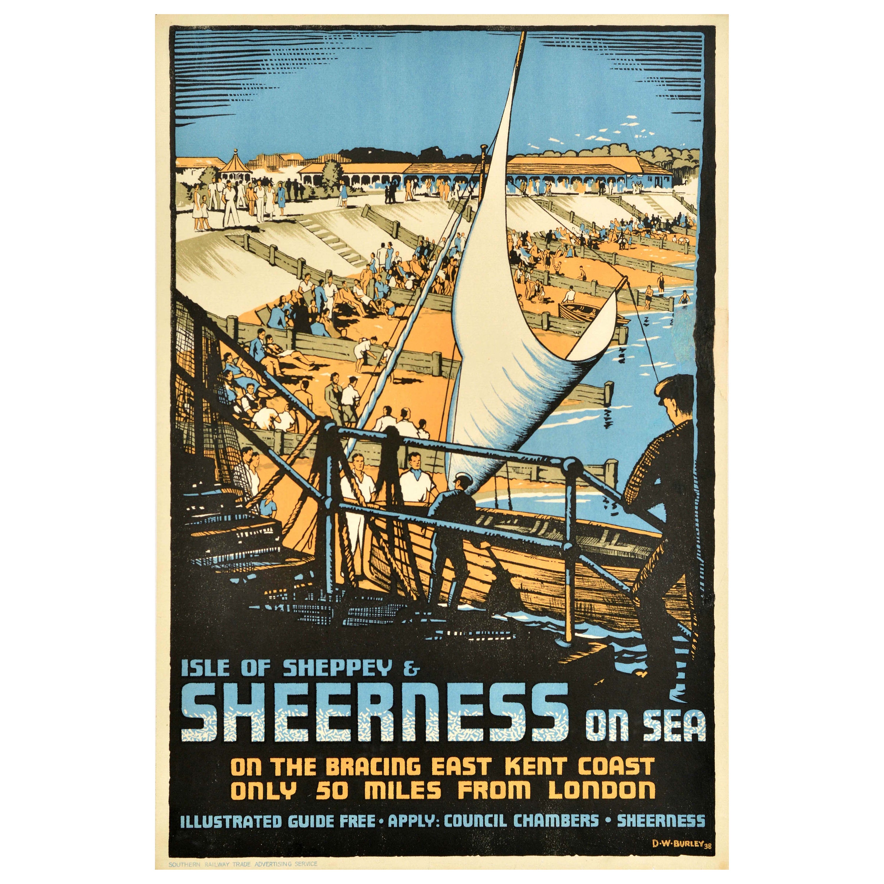 Affiche de voyage vintage d'origine Sheerness On Sea, Isle Of Sheppey Kent, Chemin de fer